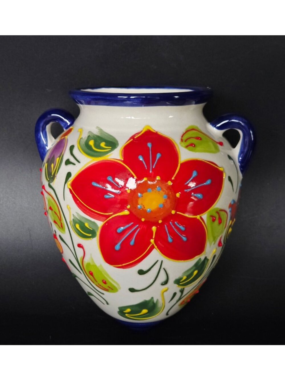 Hand-Painted Spanish Floral Ceramic Wall Planter Vase With Drain Hole & Hanging